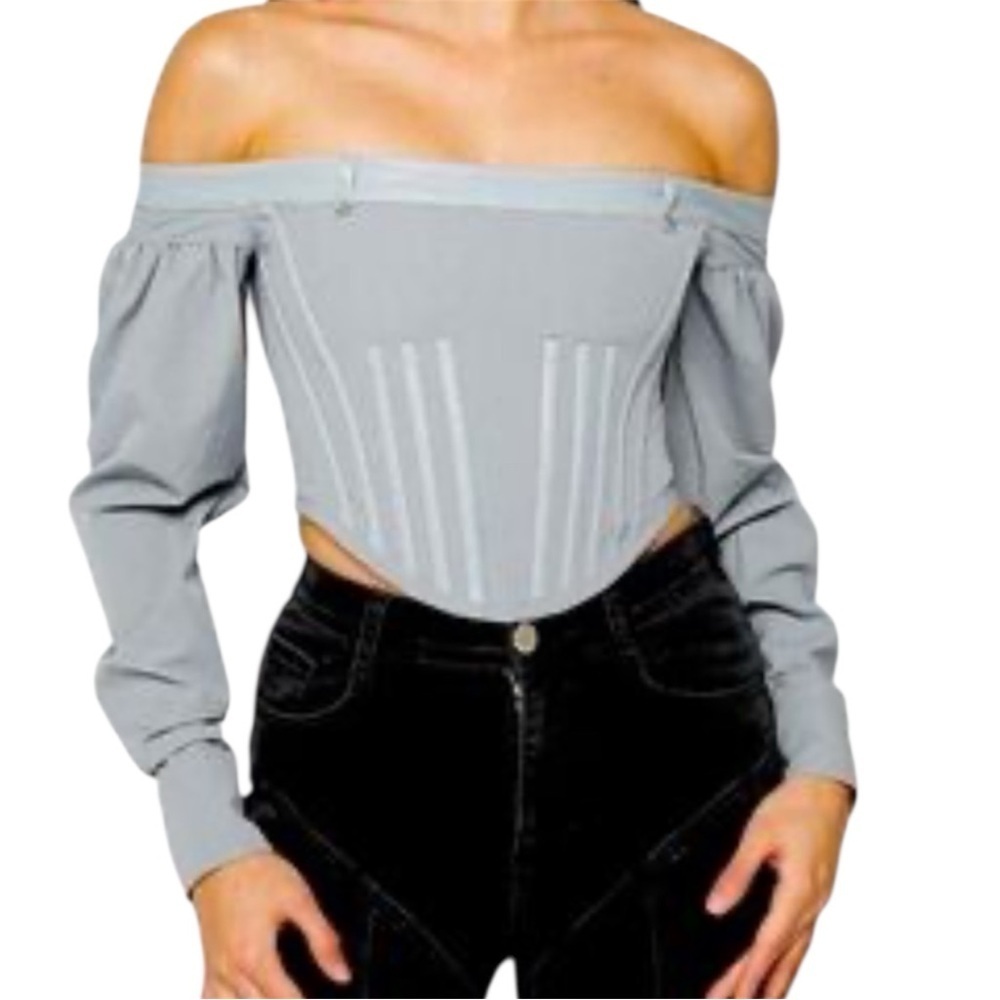 NWT Manière De Voir Gray Off Shoulder Corset Crop Top Long Sleeve Size 8